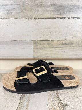 Haute Hippie Womens 7.5 Black Suede Nikki Buckle Slip On Platform Sandals NEW